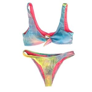 Dippin Daisy’s candy tie dye bikini set tie front cheeky pink blue medium NWT
